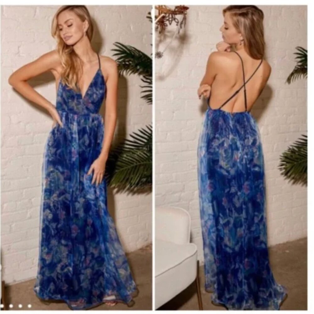 Lulus Blue Watercolor Chiffon Maxi Dress Backless Wedding Guest Prom Event NWT